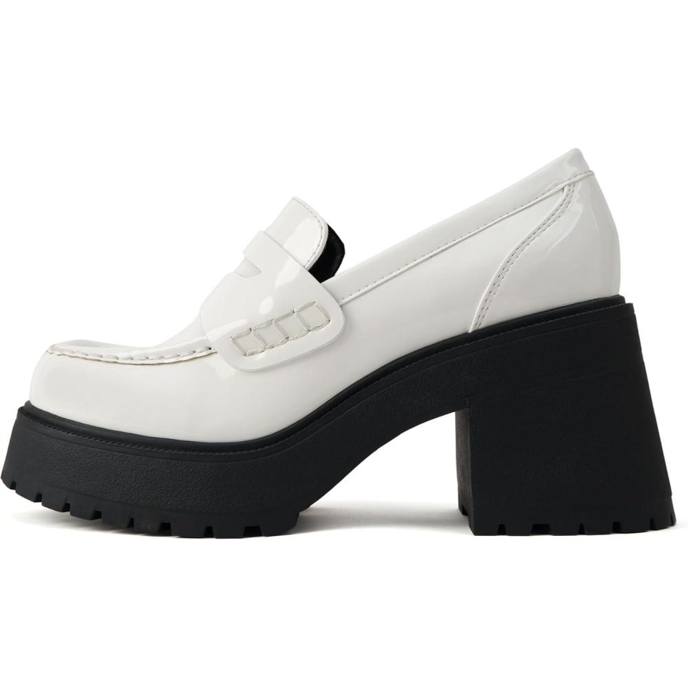 imageSoda AMP  Women Round Toe SlipOn Lug Sole High Heel Penny Loafer ShoeWhite Patent