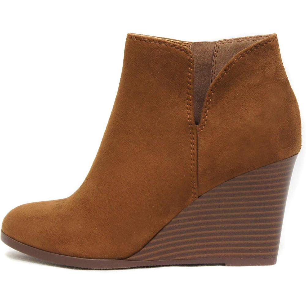 imageSoda Ability  Mid Ankle Bootie wSplit Shaft and Zipper Stacked Wedge HeelCognac