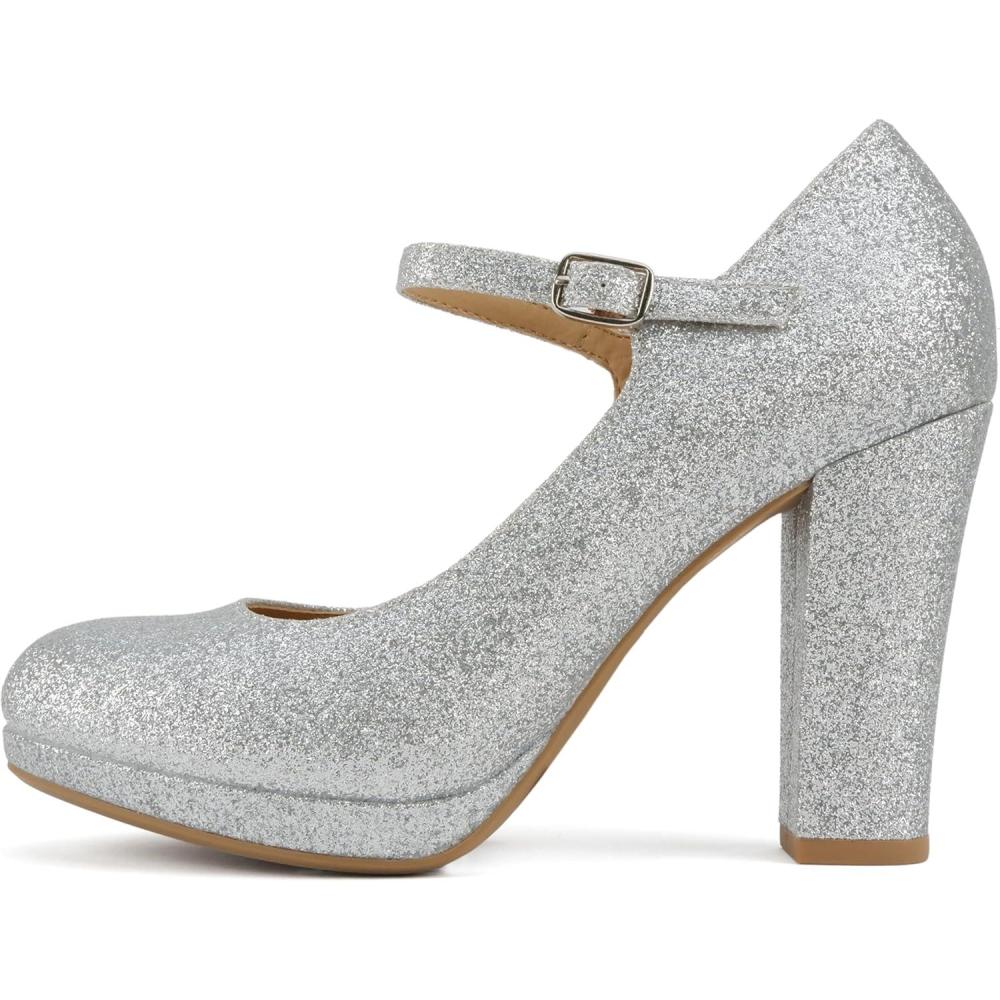 imageSoda Ayden  Women Mary Jane Ankle Strap Cushion High Heel Pump ShoeSilver Glitter