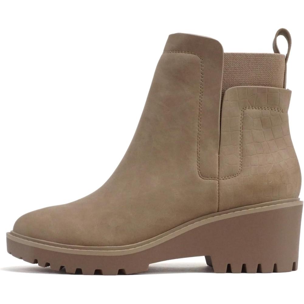 imageSoda BAIT  Women Round Toe PullOn Elastic Gore TwoTone Print Lug Sole Low Wedge Heel Ankle BootLatteCroco Nubuck
