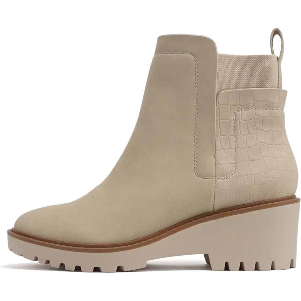 imageSoda BAIT  Women Round Toe PullOn Elastic Gore TwoTone Print Lug Sole Low Wedge Heel Ankle BootStoneCroco Nubuck