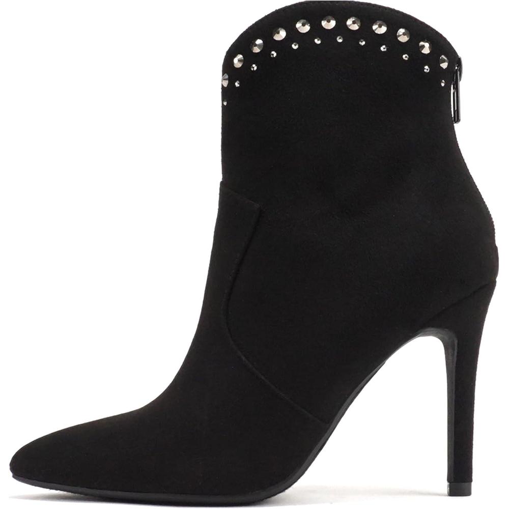 imageSoda BANGLE  Women Pointed Toe Stiletto High Heel Rhinestone Western Ankle Boot with Back ZipperBlack Imitation Suede