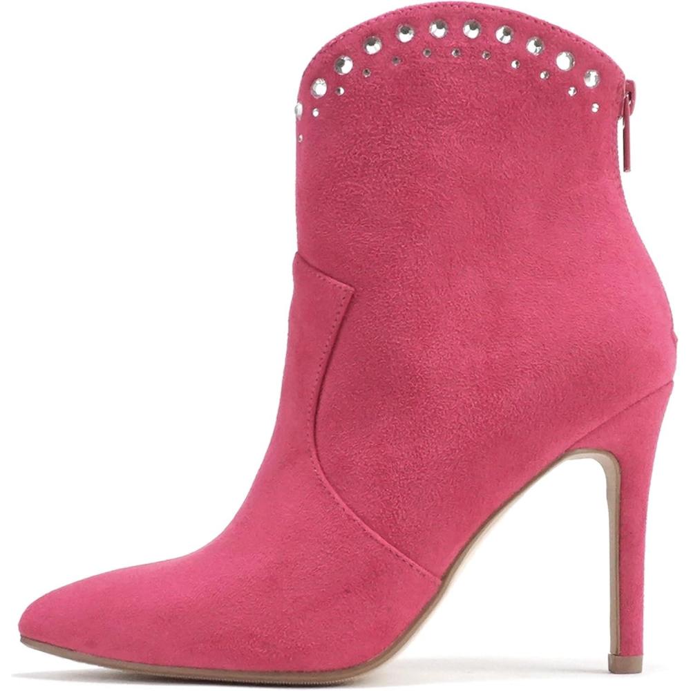 imageSoda BANGLE  Women Pointed Toe Stiletto High Heel Rhinestone Western Ankle Boot with Back ZipperFuchsia Imitation Suede