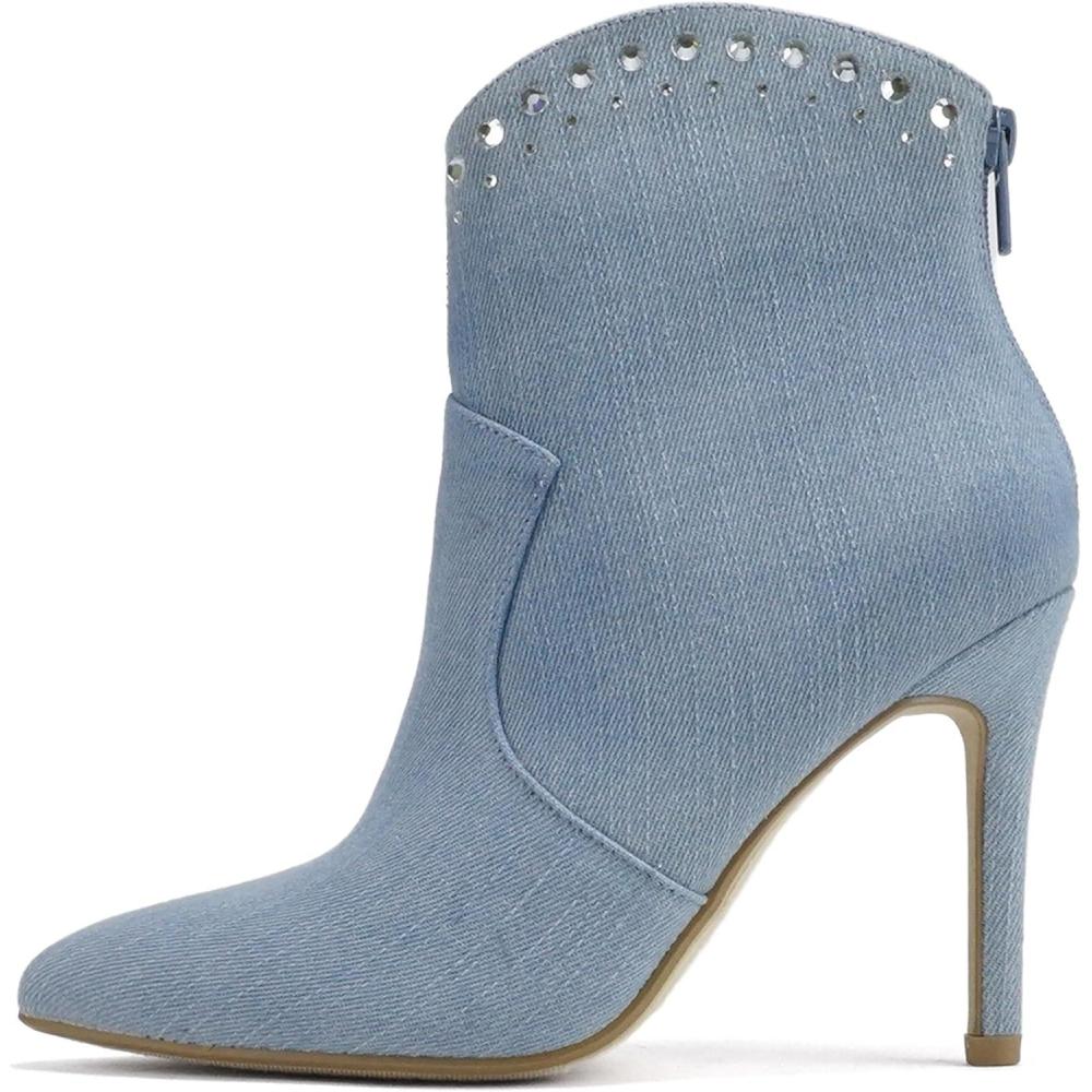 imageSoda BANGLE  Women Pointed Toe Stiletto High Heel Rhinestone Western Ankle Boot with Back ZipperLight Blue Denim