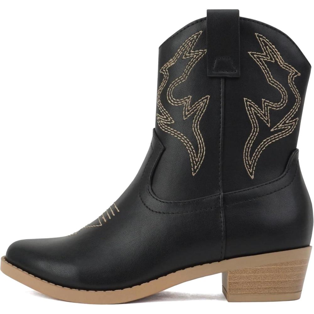 imageSoda BLAZING2  Little KidsChildrenGirls Stitched Pointed Toe Low Heel High Top Ankle Shaft Western Boot BootieBlack Pu