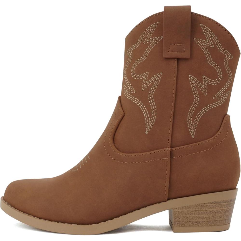 imageSoda BLAZING2  Little KidsChildrenGirls Stitched Pointed Toe Low Heel High Top Ankle Shaft Western Boot BootieLight Cognac Nubuck