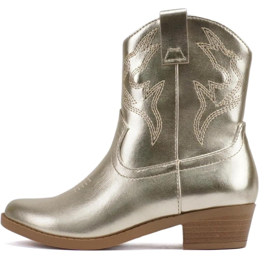 imageSoda BLAZING2  Little KidsChildrenGirls Stitched Pointed Toe Low Heel High Top Ankle Shaft Western Boot BootieLight Gold Metallic Pu