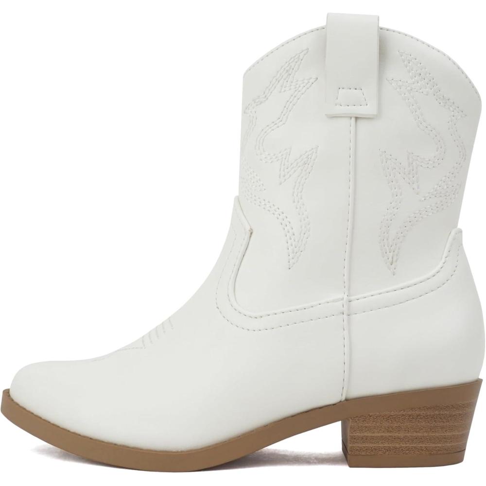 imageSoda BLAZING2  Little KidsChildrenGirls Stitched Pointed Toe Low Heel High Top Ankle Shaft Western Boot BootieWhite Pu