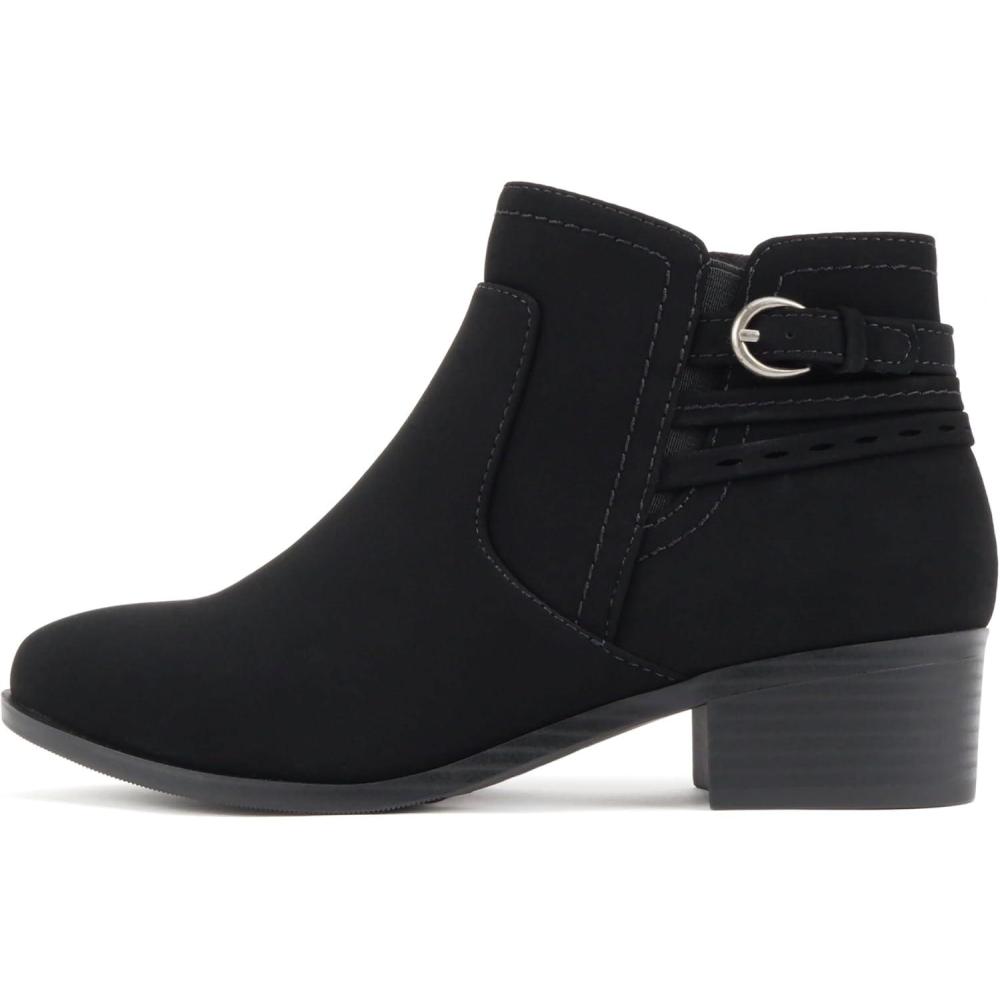imageSoda BOYET  Women Round Toe Elastic Gore Multi Back Strap Low Stack Heel Ankle Bootie with Side ZipperBlack Nubuck