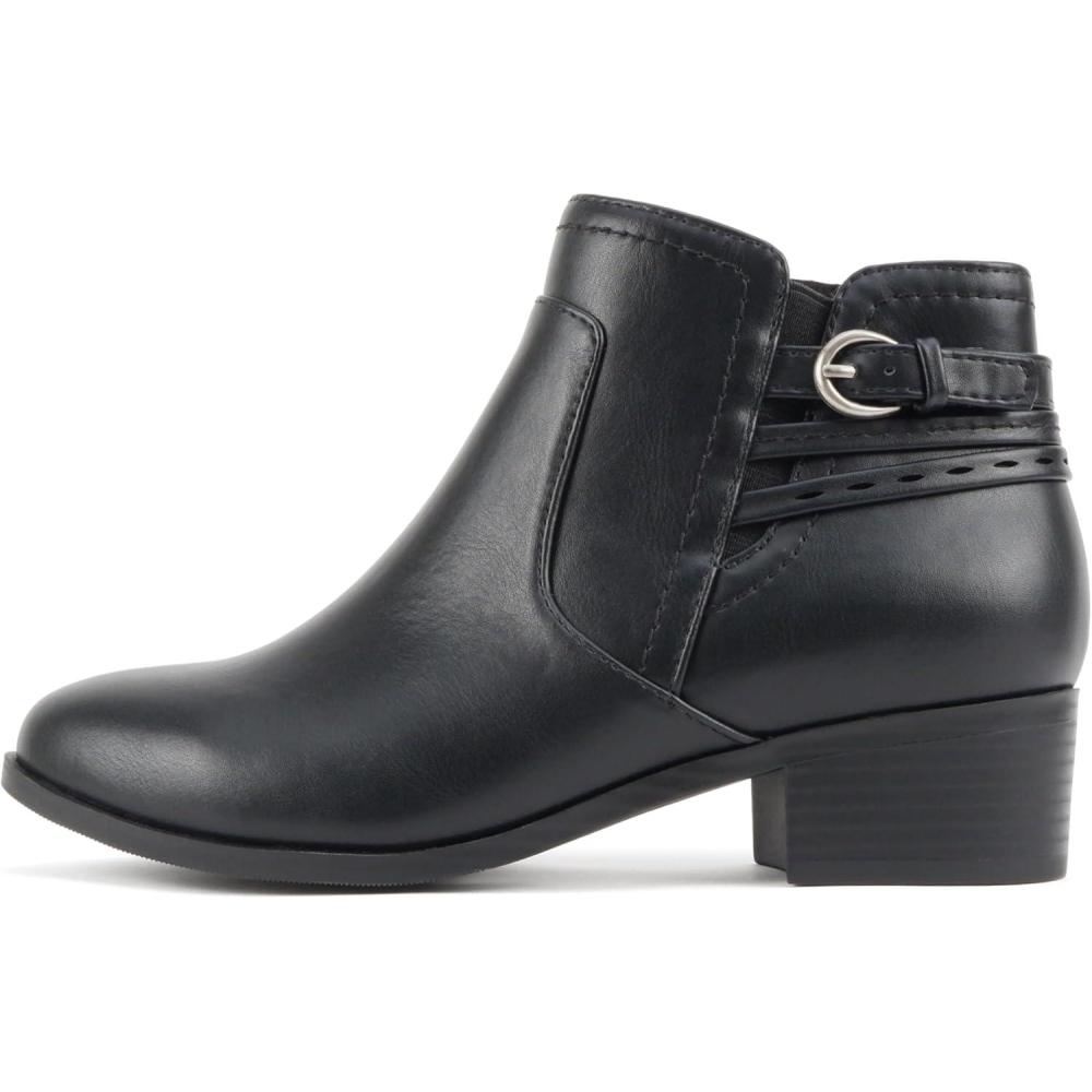 imageSoda BOYET  Women Round Toe Elastic Gore Multi Back Strap Low Stack Heel Ankle Bootie with Side ZipperBlack Pu