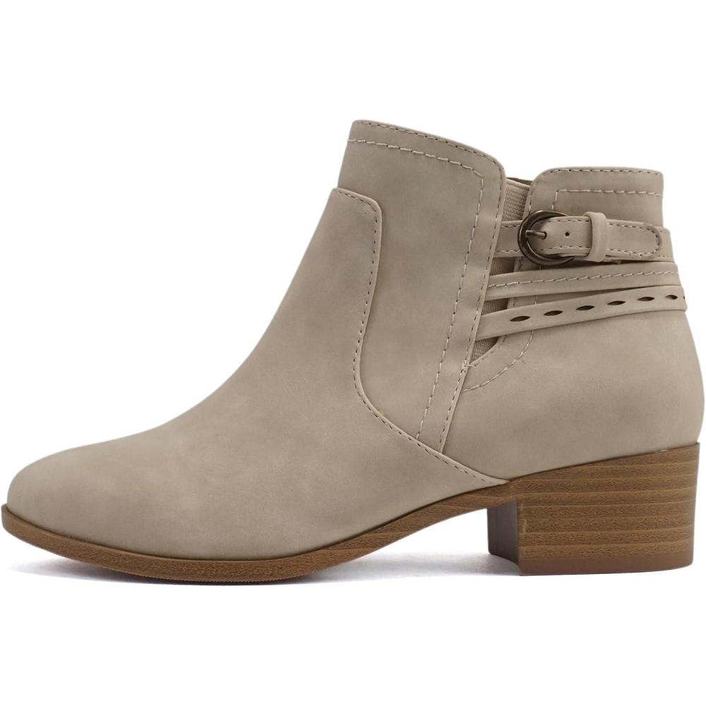 imageSoda BOYET  Women Round Toe Elastic Gore Multi Back Strap Low Stack Heel Ankle Bootie with Side ZipperClay Nubuck