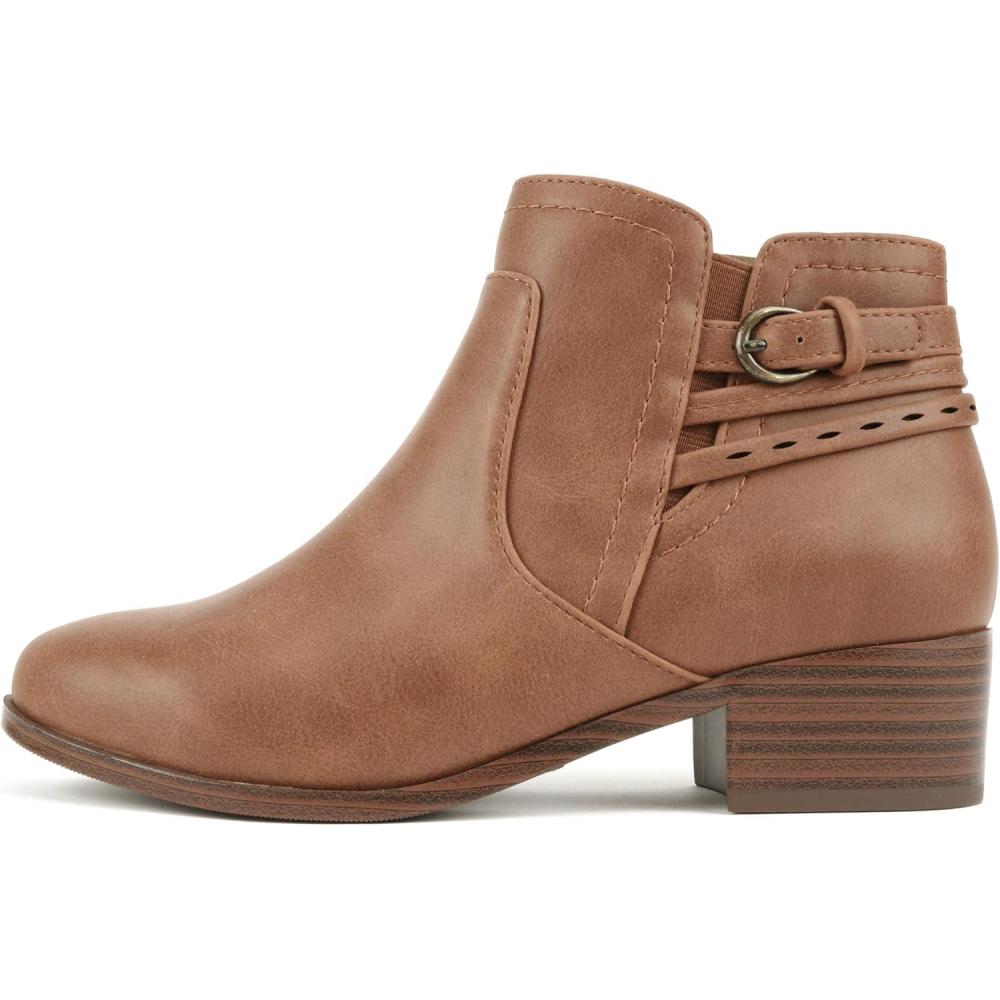 imageSoda BOYET  Women Round Toe Elastic Gore Multi Back Strap Low Stack Heel Ankle Bootie with Side ZipperCognac Pu