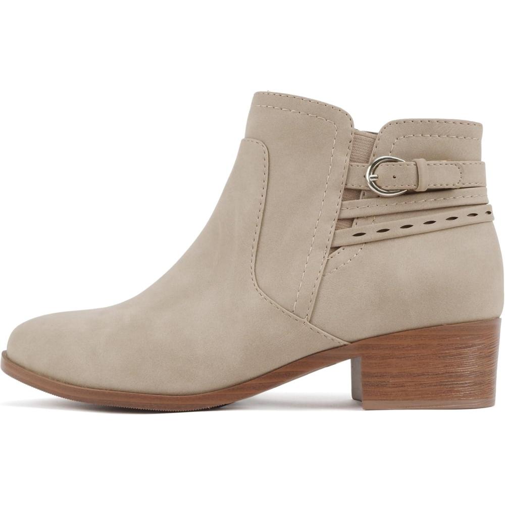 imageSoda BOYET  Women Round Toe Elastic Gore Multi Back Strap Low Stack Heel Ankle Bootie with Side ZipperNatural Nubuck