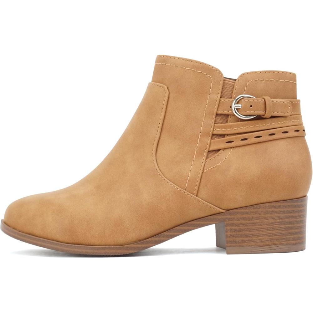 imageSoda BOYET  Women Round Toe Elastic Gore Multi Back Strap Low Stack Heel Ankle Bootie with Side ZipperTan Nubuck