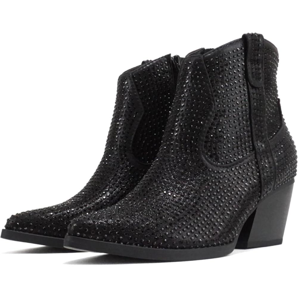 imageSoda BREW  Women Pointed Toe Low Heel Rhinestone Western Ankle Boot with Side ZipperBlack
