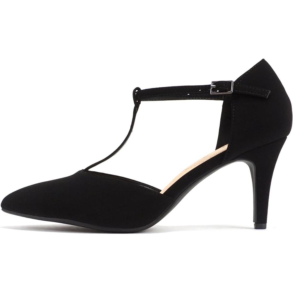 imageSoda Bahia  Women Pointed Toe Closed Back Counter Stiletto Mid Heel TStrap Pump ShoeBlack Nubuck
