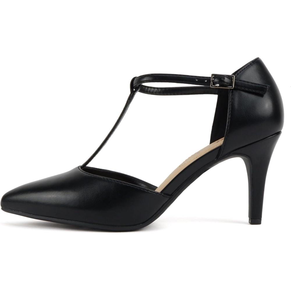imageSoda Bahia  Women Pointed Toe Closed Back Counter Stiletto Mid Heel TStrap Pump ShoeBlack Pu