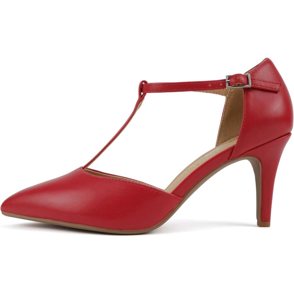 imageSoda Bahia  Women Pointed Toe Closed Back Counter Stiletto Mid Heel TStrap Pump ShoeRed Pu