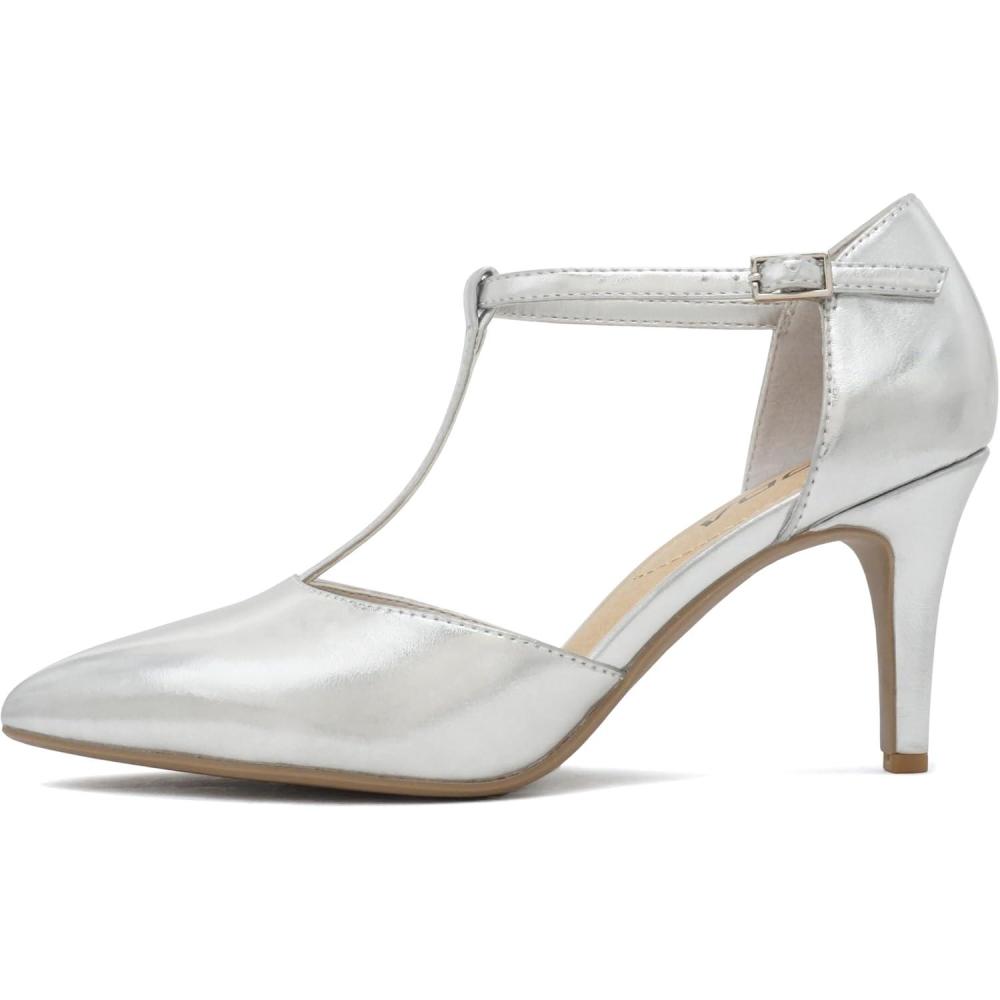 imageSoda Bahia  Women Pointed Toe Closed Back Counter Stiletto Mid Heel TStrap Pump ShoeSilver