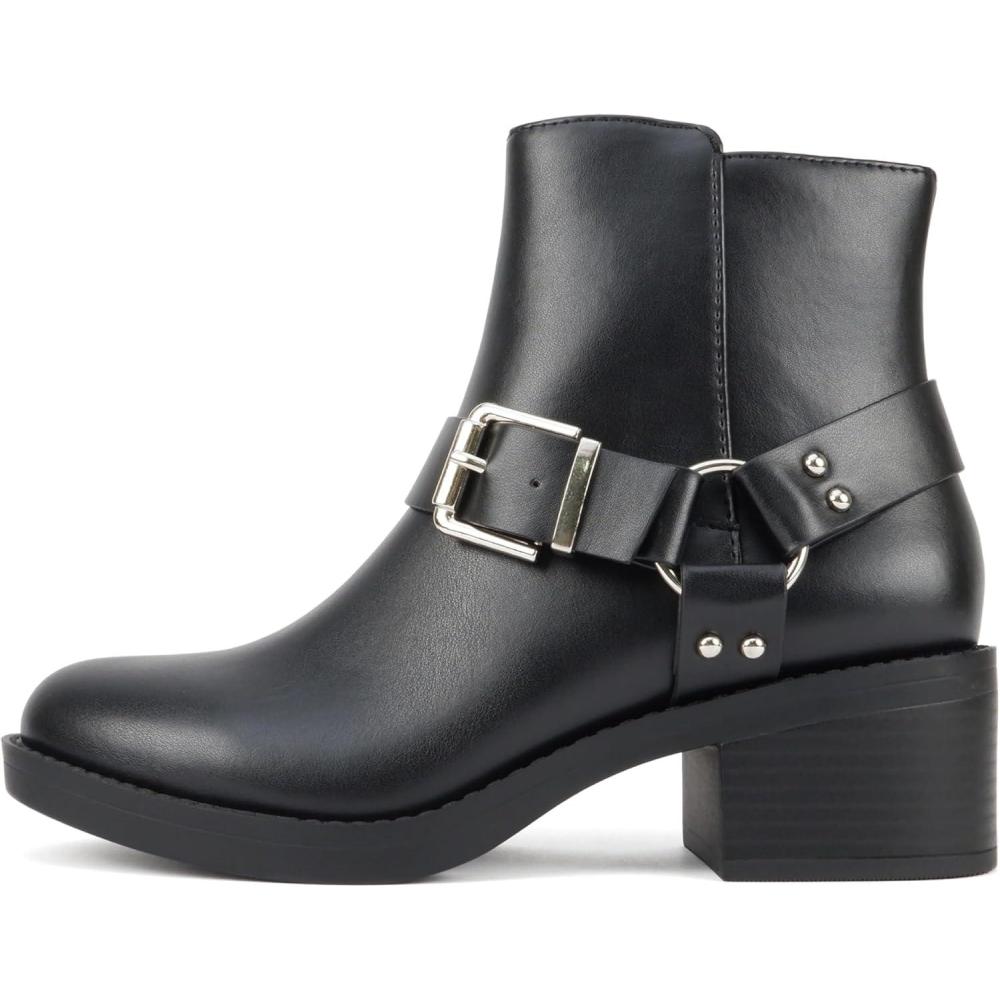 imageSoda Bonus  Women Round Toe Harness Strap Ring Hardware Low Block Heel Ankle Boot with Side ZipperBlack Pu