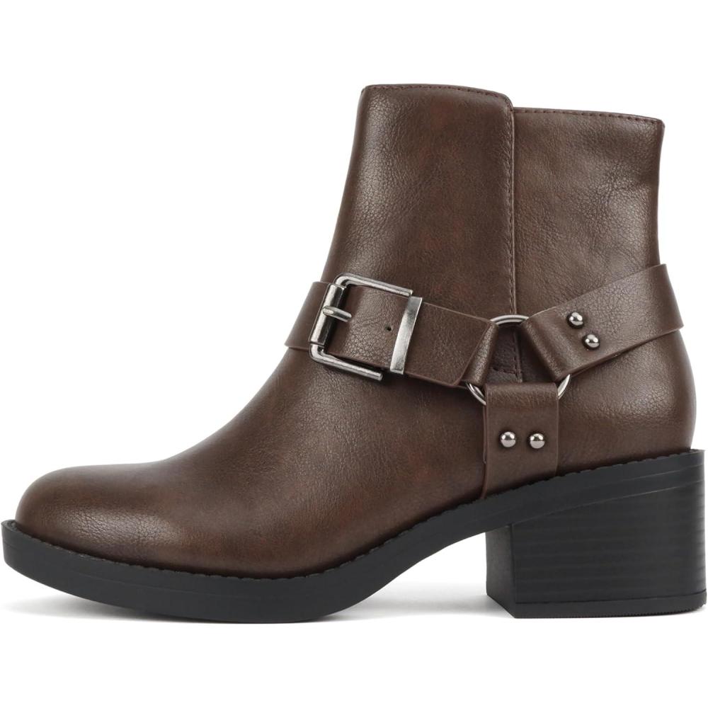 imageSoda Bonus  Women Round Toe Harness Strap Ring Hardware Low Block Heel Ankle Boot with Side ZipperBrown Pu
