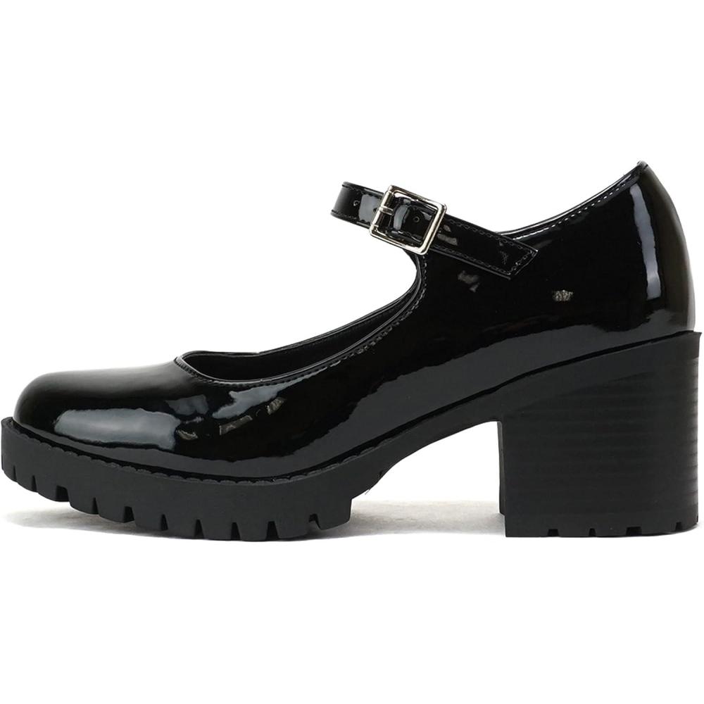 imageSoda Boxer  Women Mary Jane Round Toe Chunky Block Heel Lug Sole Pump with Adjustable StrapBlack Patent