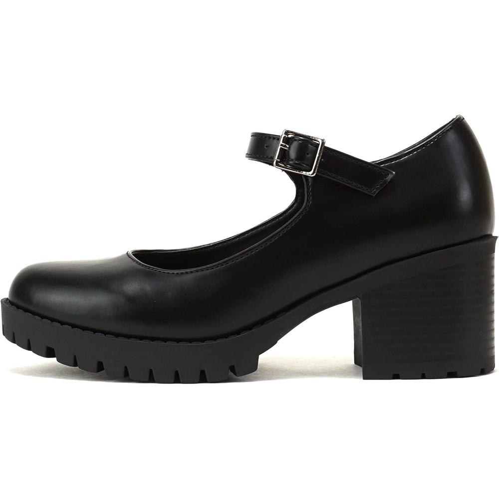imageSoda Boxer  Women Mary Jane Round Toe Chunky Block Heel Lug Sole Pump with Adjustable StrapBlack Pu