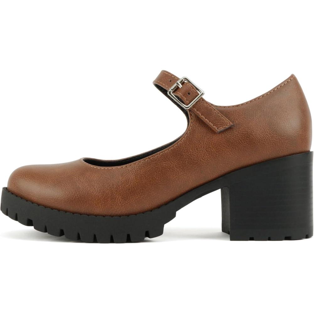 imageSoda Boxer  Women Mary Jane Round Toe Chunky Block Heel Lug Sole Pump with Adjustable StrapCognac Pu