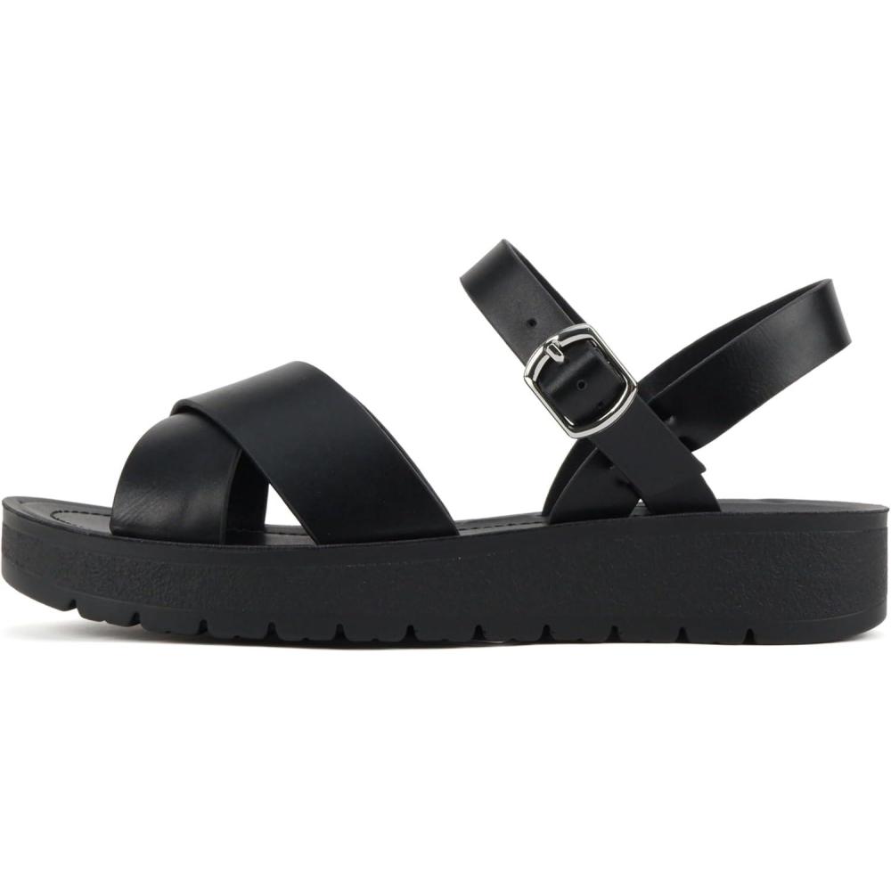 imageSoda CHESTER  Women Flat Sandals Flatform Ankle Buckle Criss Cross Band Straps Sandals ShoesAll Black Pu