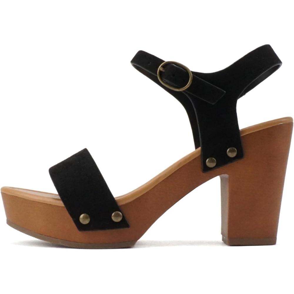 imageSoda CHIVAS  Womens Bold Buckles Studded Wedge SandalBlack Suede