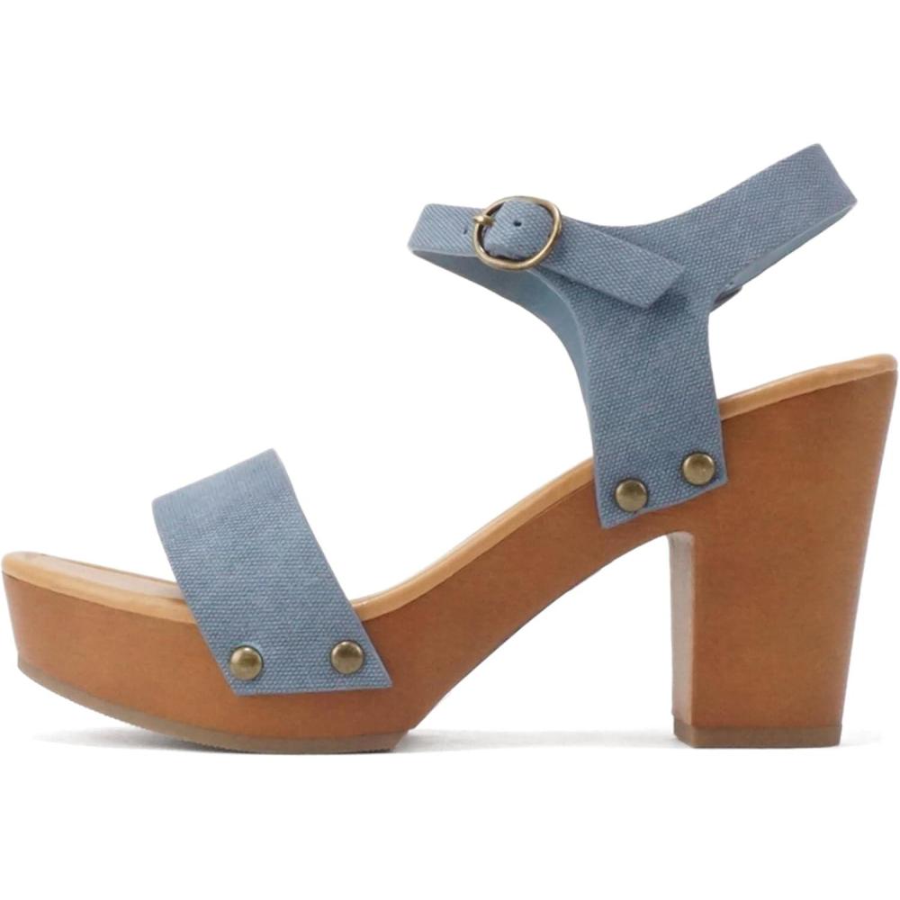 imageSoda CHIVAS  Womens Bold Buckles Studded Wedge SandalDenim Pu