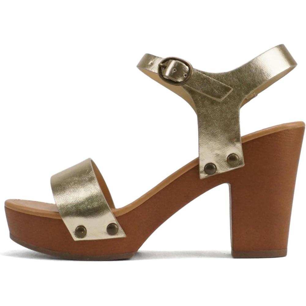 imageSoda CHIVAS  Womens Bold Buckles Studded Wedge SandalGold Pu