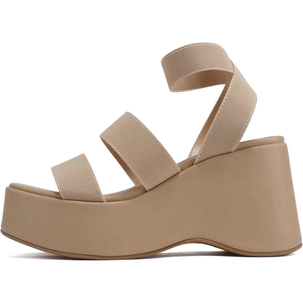 imageSoda CONEY  Women Open Square Toe Platform Flatform Double Elastic Band Ankle Strap Wedge SandalCamel Elastic