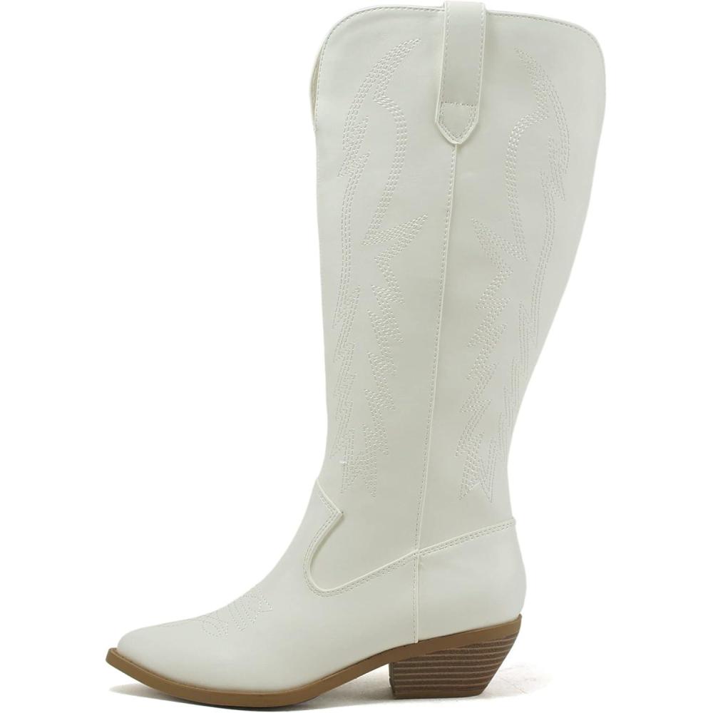imageSoda COWBOY  Women Western Stitched Pointe Toe Mid Heel Tall Shaft Fashion BootsWhite Pu