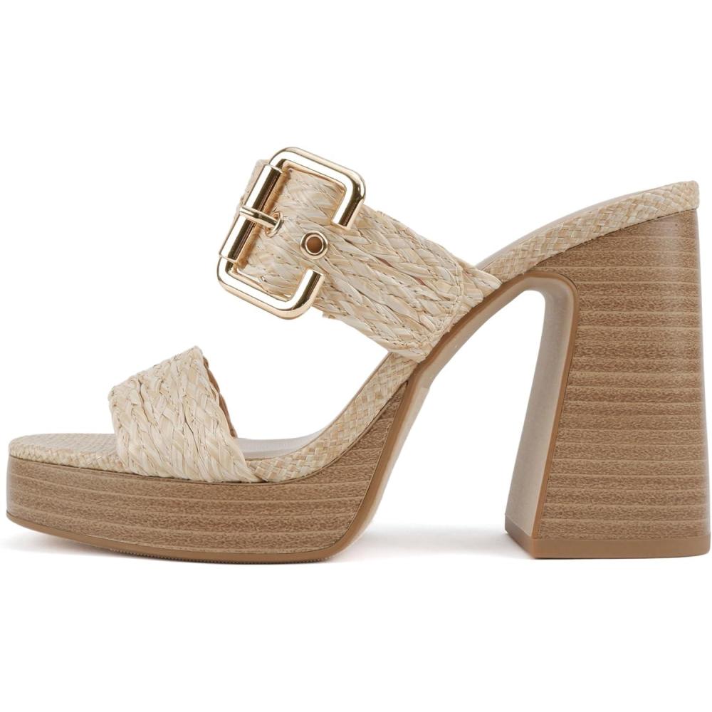imageSoda Charlie  Women Open Square Toe Two Band SlipOn High Heel Sandal with Adjustable Buckle StrapBeige Raffia