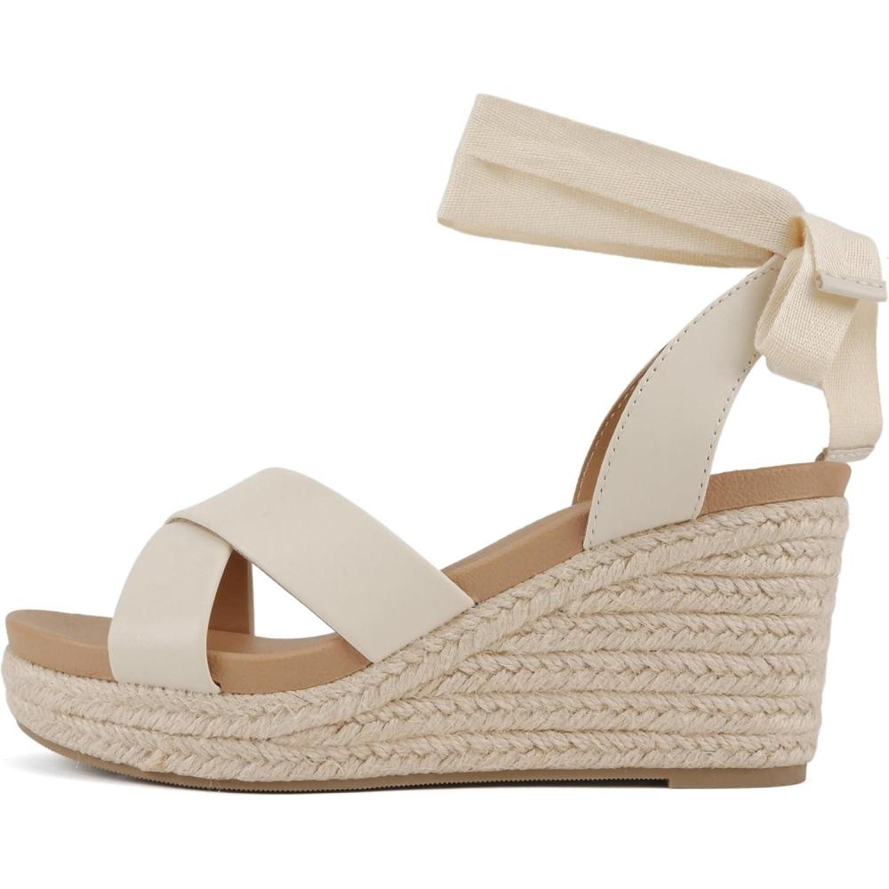 imageSoda Donnie  Women Open Round Toe Crisscross Band Low Heel Espadrille Wedge Sandal with Adjustable Ankle StrapBeige Pu