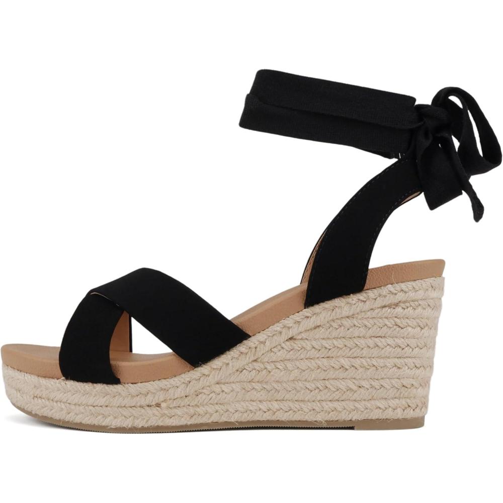 imageSoda Donnie  Women Open Round Toe Crisscross Band Low Heel Espadrille Wedge Sandal with Adjustable Ankle StrapBlack Nubuck