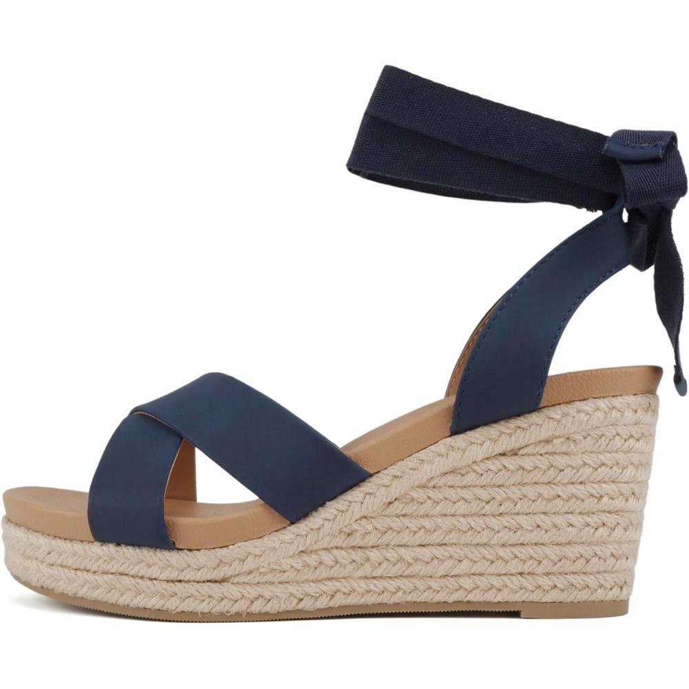 imageSoda Donnie  Women Open Round Toe Crisscross Band Low Heel Espadrille Wedge Sandal with Adjustable Ankle StrapNavy Nubuck