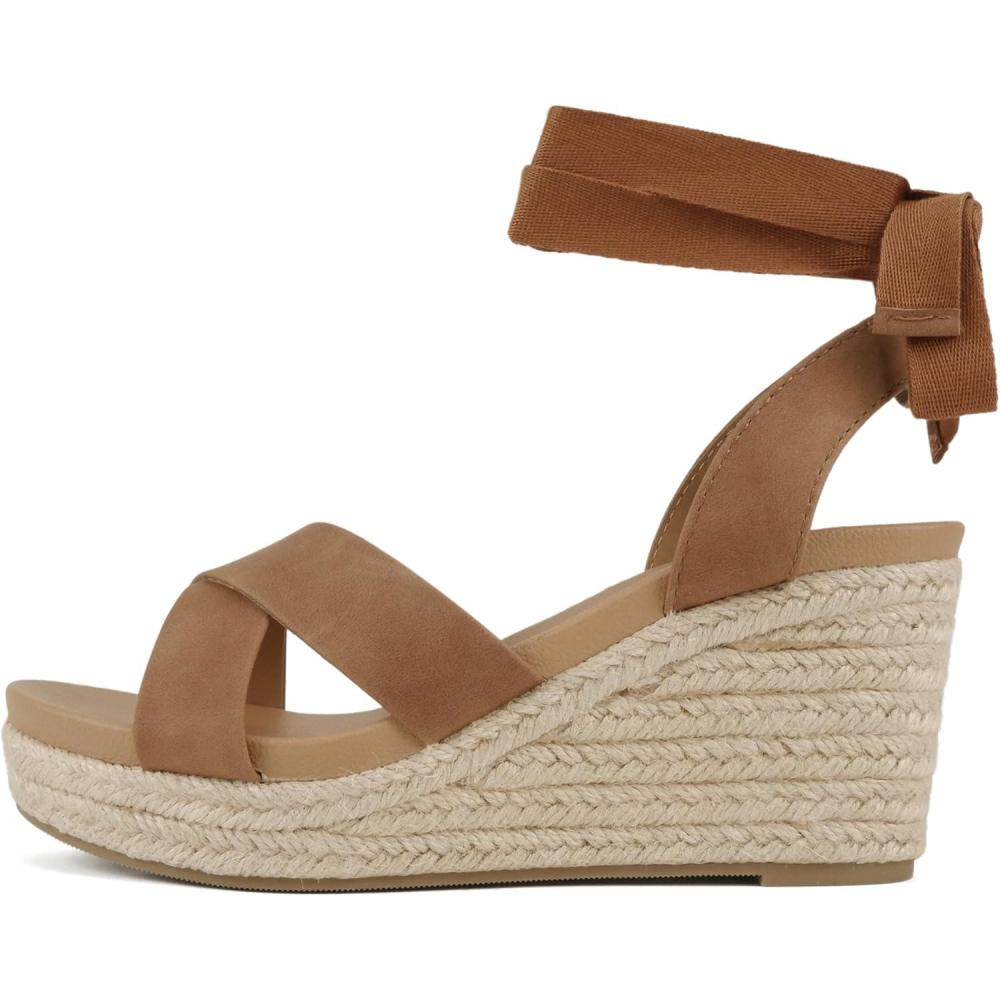 imageSoda Donnie  Women Open Round Toe Crisscross Band Low Heel Espadrille Wedge Sandal with Adjustable Ankle StrapTan Nubuck