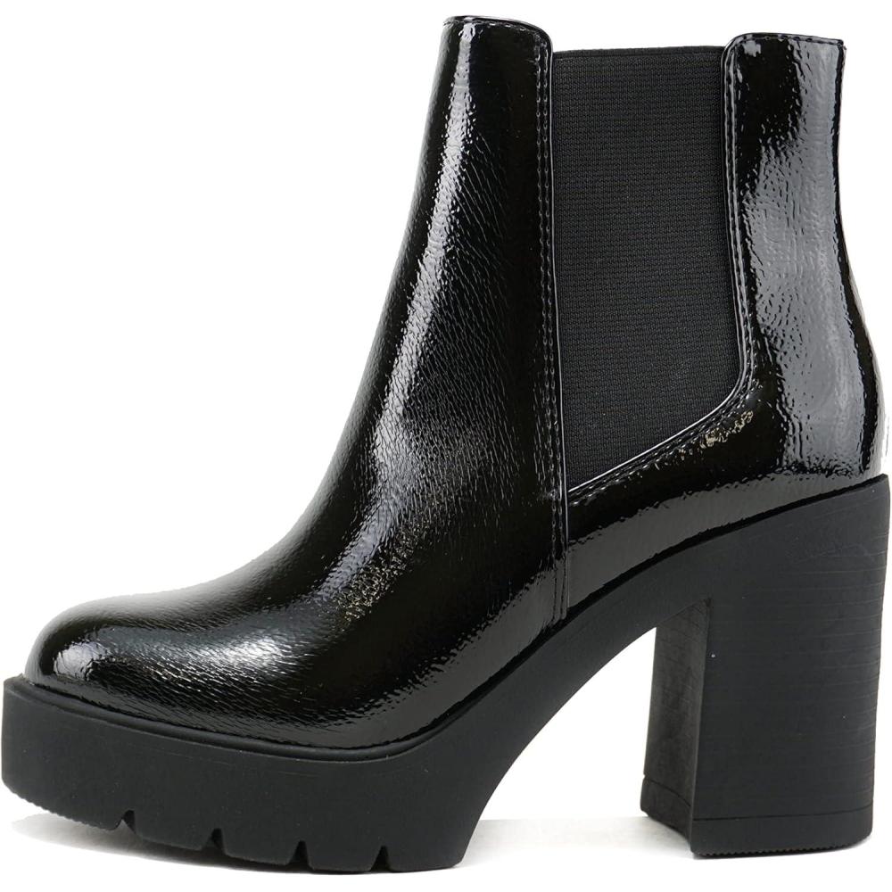 imageSoda EDITOR  Women Lug Sole High Heel Chelsea Fashion Ankle Boot wDouble Elastic GoreBlack Crk Patent