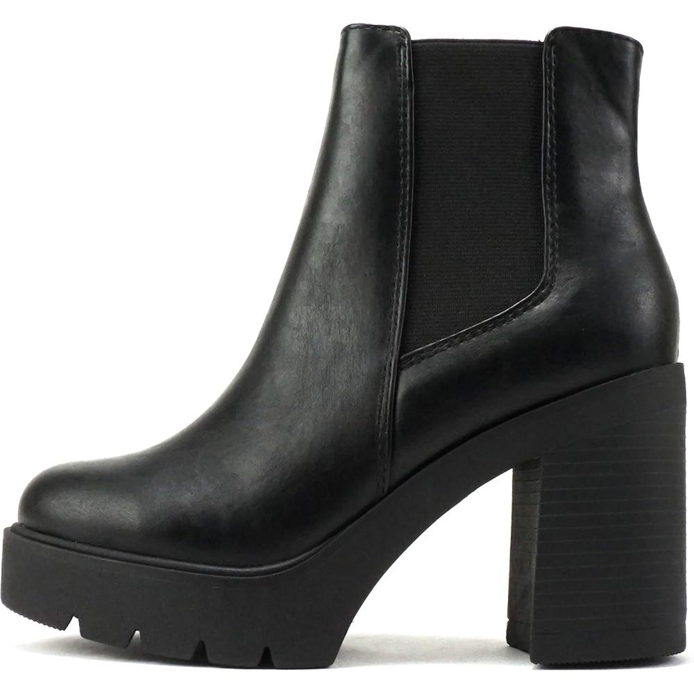 imageSoda EDITOR  Women Lug Sole High Heel Chelsea Fashion Ankle Boot wDouble Elastic GoreBlack Pu