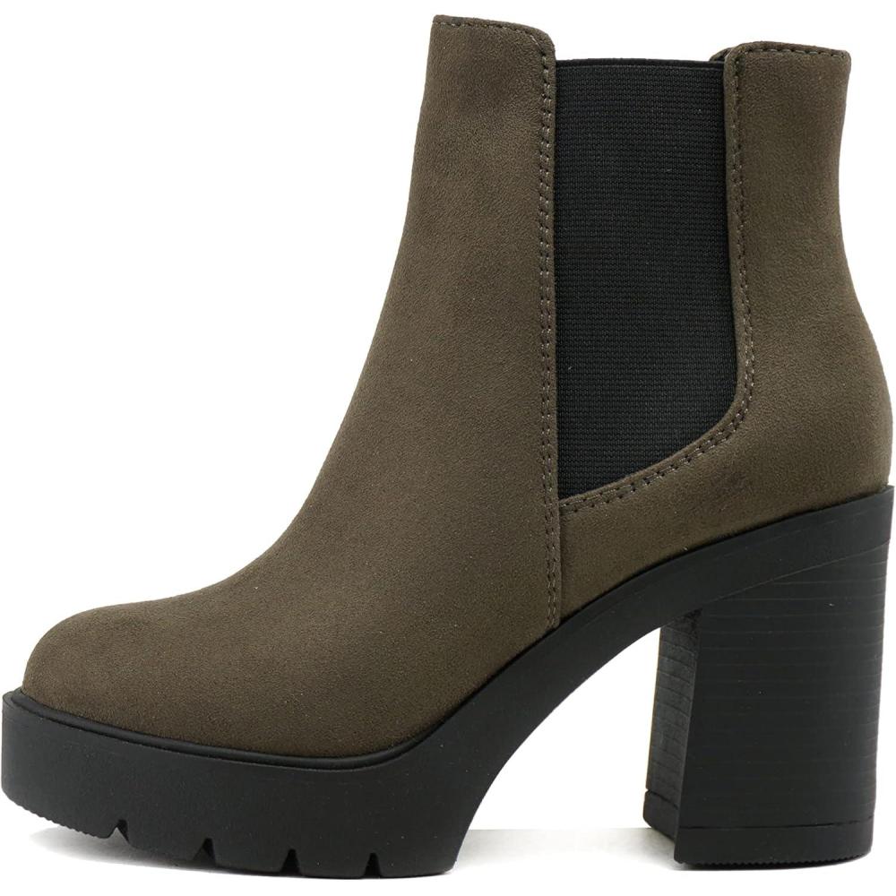 imageSoda EDITOR  Women Lug Sole High Heel Chelsea Fashion Ankle Boot wDouble Elastic GoreForest Imit Suede