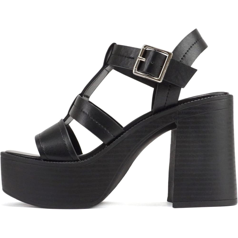 imageSoda EVOLVE  Women Open Square Toe Ankle Buckle Stitch Detail Platform High Heel SandalBlack Pu