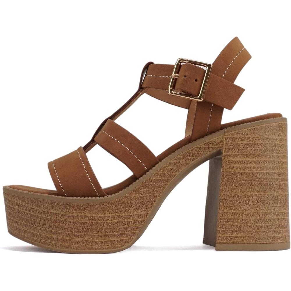 imageSoda EVOLVE  Women Open Square Toe Ankle Buckle Stitch Detail Platform High Heel SandalLight Cognac Nubuck