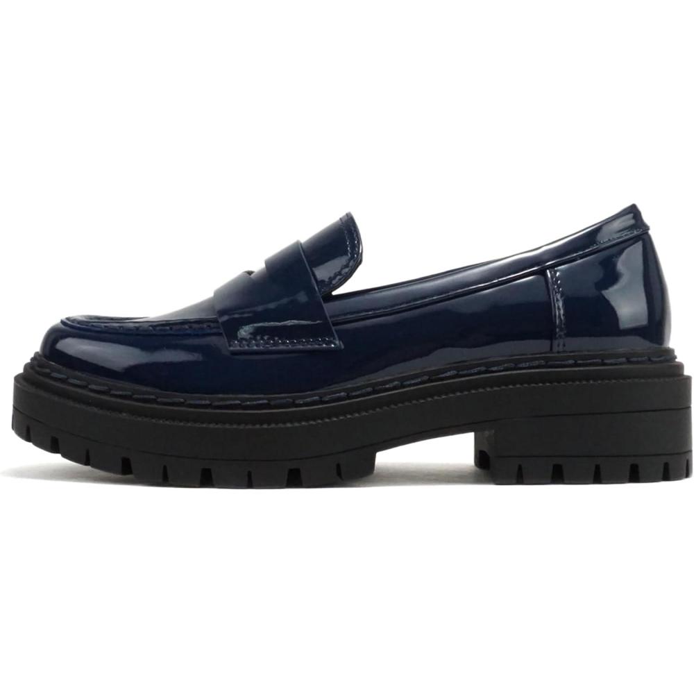 imageSoda Eureka  Women Slip On Platform Penny Loafer Lug Sole with Stitched DetailNavy Patent