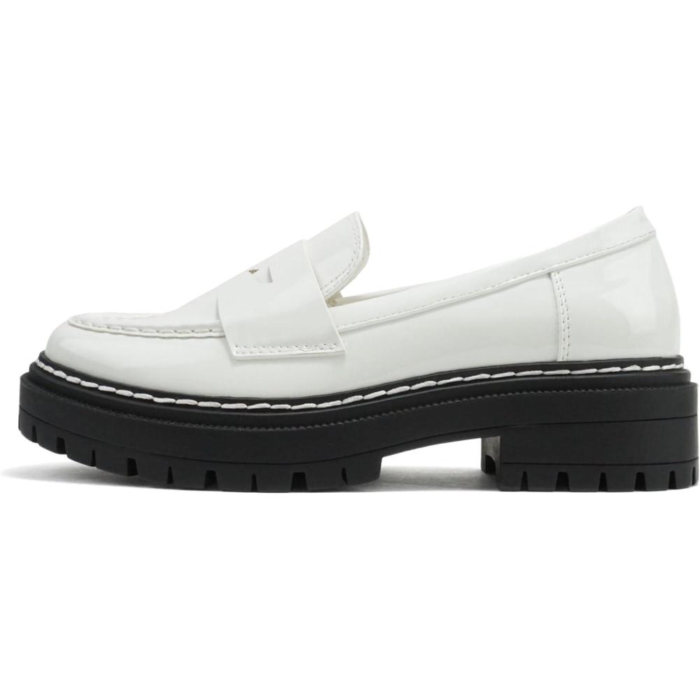 imageSoda Eureka  Women Slip On Platform Penny Loafer Lug Sole with Stitched DetailWhite Patent