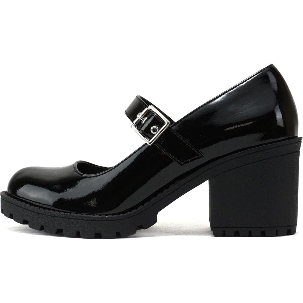 imageSoda Eviana  Women Mary Jane Round Toe Mid Chunky Block Heel Lug Sole Pump with Adjustable StrapBlack Patent