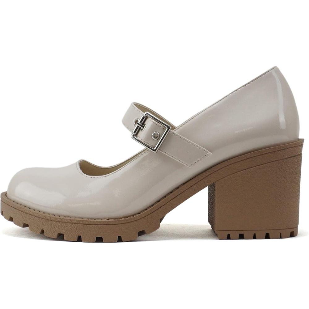 imageSoda Eviana  Women Mary Jane Round Toe Mid Chunky Block Heel Lug Sole Pump with Adjustable StrapBone Patent