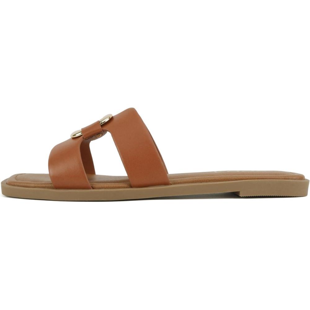 imageSoda FENG  Women Square Toe HBand SlipOn Fashion Slide Sandal with Buckle DetailCognac Pu