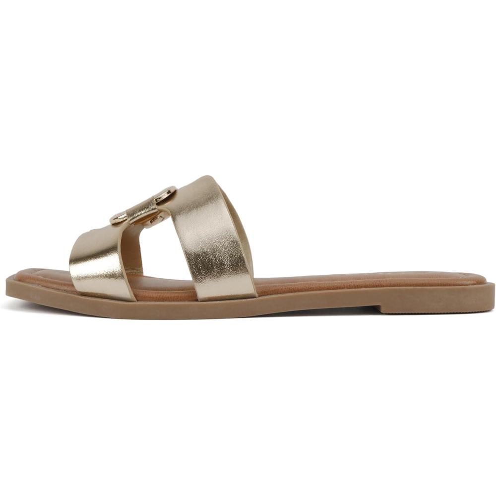 imageSoda FENG  Women Square Toe HBand SlipOn Fashion Slide Sandal with Buckle DetailGold